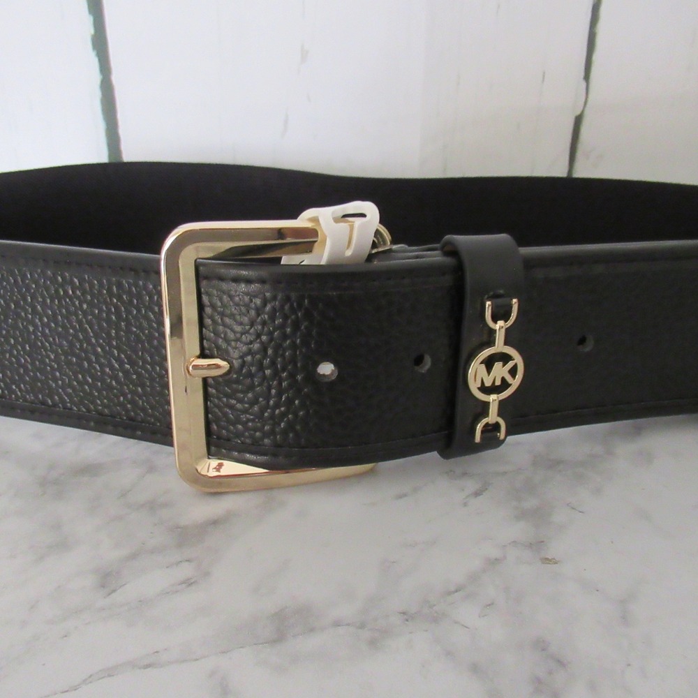 New Michael Kors Belt L XL Black Leather Gold Buckle Logo Stretch Wide Embossed